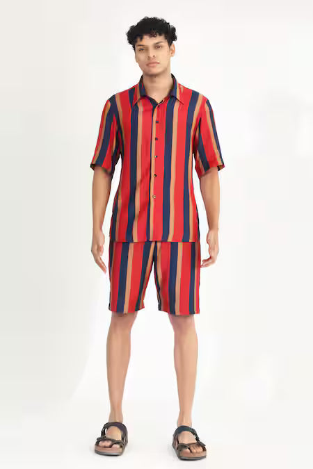 Koai  Red Cotton, Silk Striped Button Down Shirt