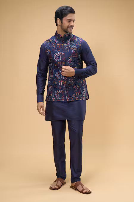 Spring Break  Blue Cotton, Silk Embroidery Gulbahar Bundi Kurta Set