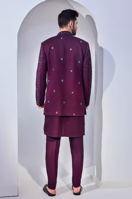 Chatenya Mittal  Purple , Satin Sequins, Embroidery Gul Bloom Long Bundi Set