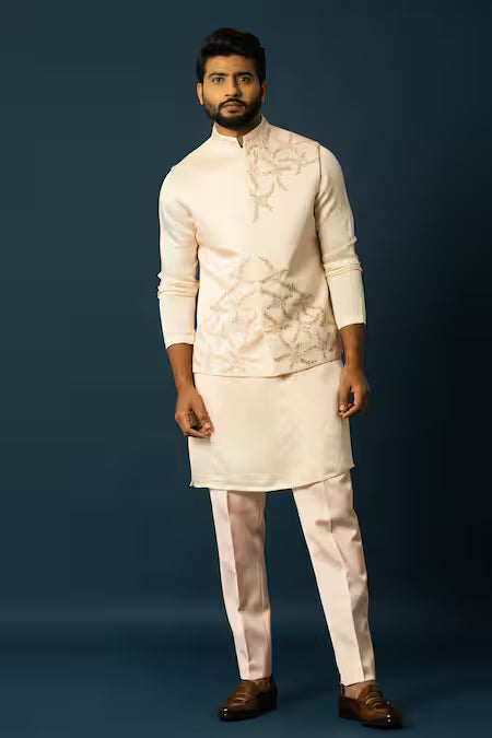 Yoseba  Pink Linen, Satin Embroidery Abstract Nehru Jacket