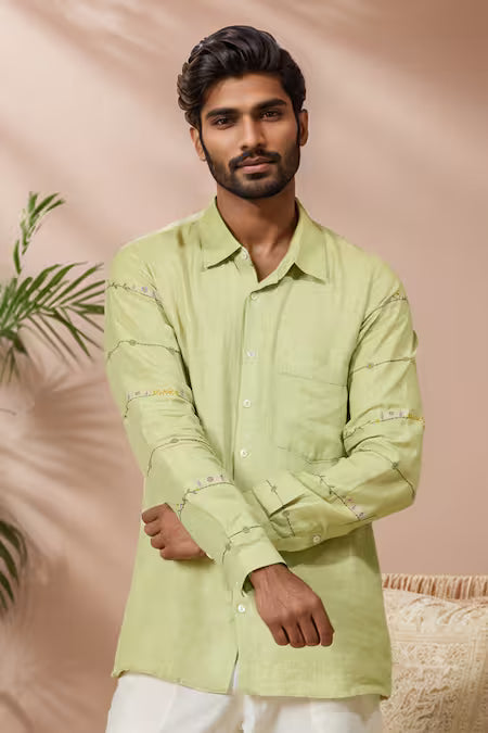 Ewoke  Green Hemp Embroidery Floral Sleeve Shirt