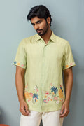Ewoke  Green Hemp Embroidery Floral Shirt