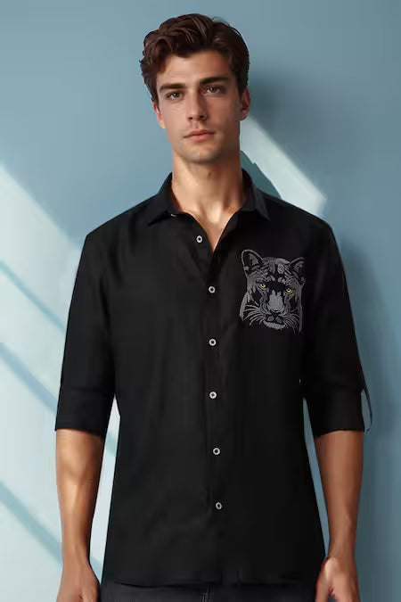 Arihant Rai Sinha  Black Linen Embroidery Panther Shirt