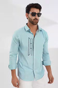 Hespoke  Blue Cotton, Lycra Embroidery Geometric Casual Shirt