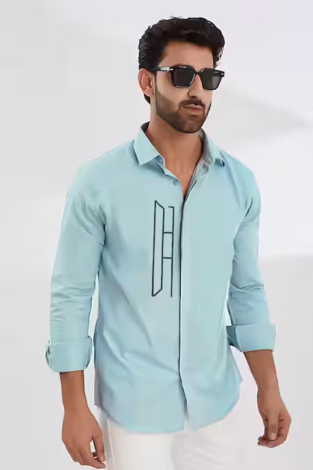 Hespoke  Blue Cotton, Lycra Embroidery Geometric Casual Shirt