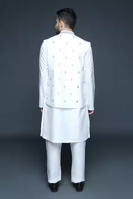 Sanjev Marwaaha  Ivory Cotton, Silk Sequins, Beads Floral Hand Embroidered Bundi Kurta Set