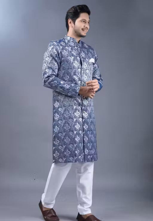 Men's Blue Silver Kurta Pajama Set
