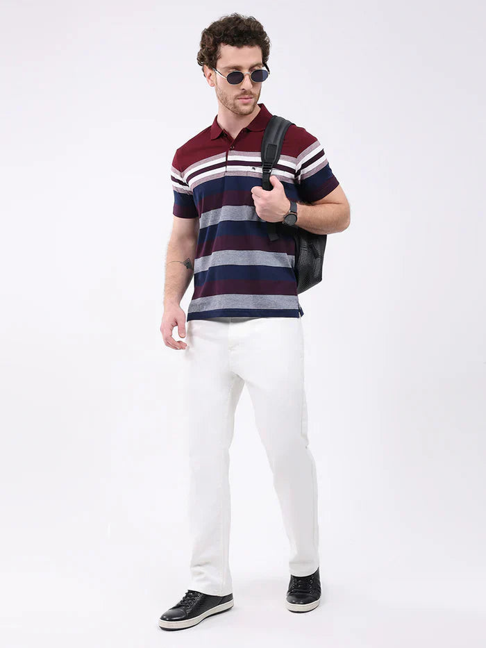 Men Maroon Stripe Collar Half Sleeve T-Shirt