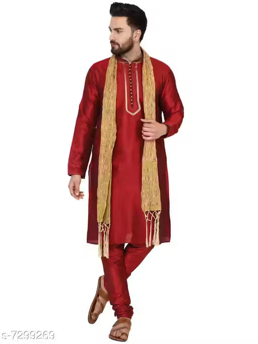 SKAVIJ Men's Dupion Art Silk Kurta Pajama and Scarf Set
