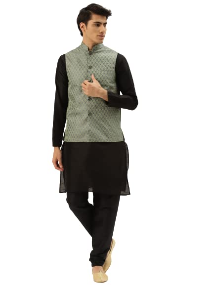SOJANYA (Since 1958 Men's Silk Blend Black Kurta Pyjama & Maroon Self Design Nehru Jacket Combo