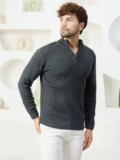 KVETOO Self Design High Neck Casual Men Grey Sweater