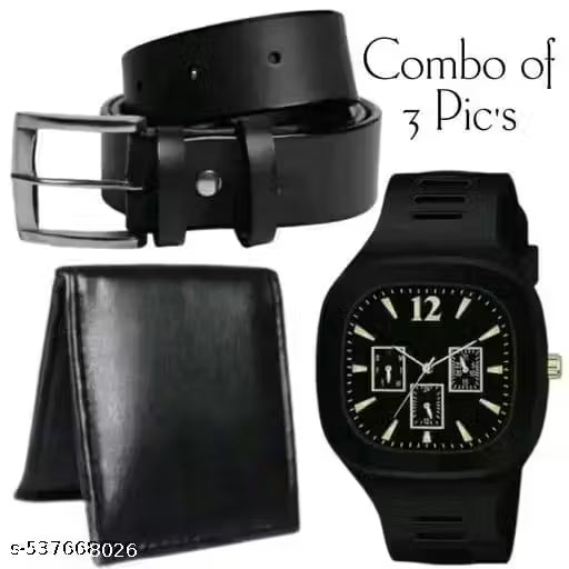 Black men/boys Leather casual unique stylish belt, purse/wallet, watch combo pack of 3 Pic's