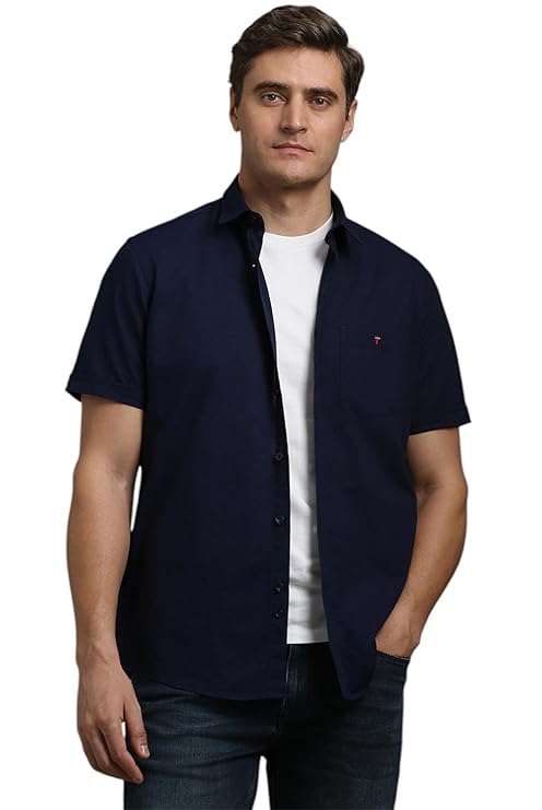 Louis Philippe Men's Textured Premium Cotton Slim fit Linen Blend Half Sleeve Casual Shirt with Soft Hand Feel