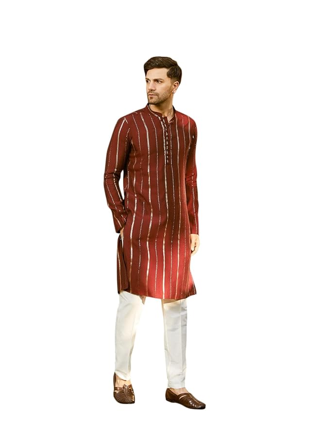 See Designs Men Full Sleeve Chanderi Silk Sequins Mandarin Collar Side Slit Kurta With Pyjama