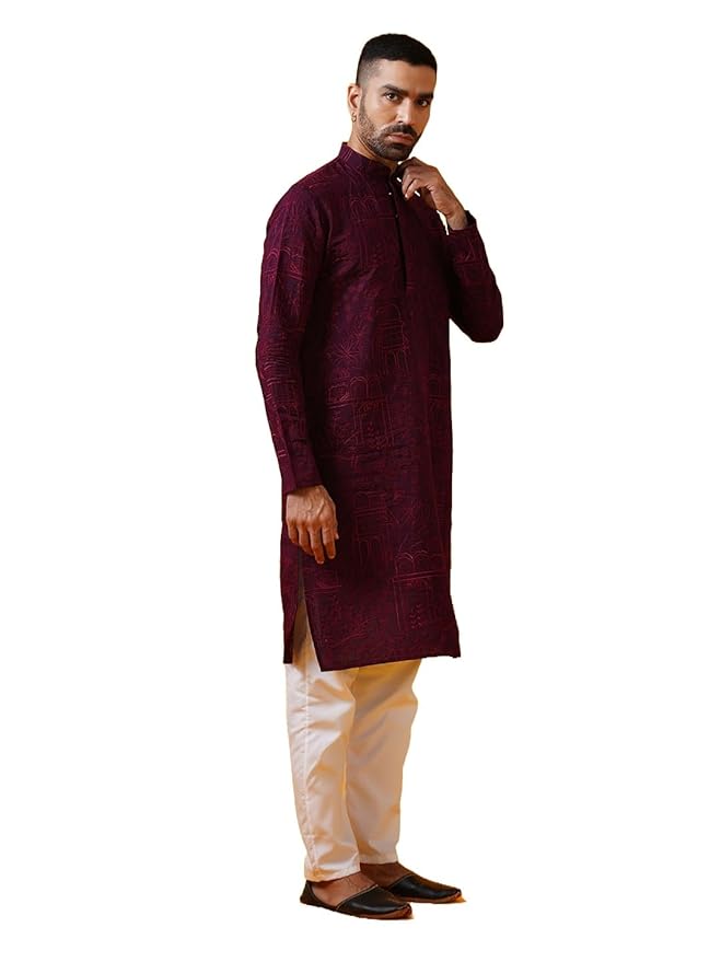 SOJANYA (Since 1958 Men's Cotton Silk Kantha Thread Embroidered Kurta with White Pyjama