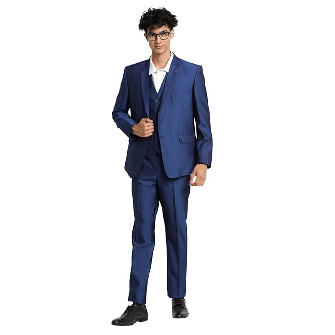 Turtle Men 100% Cotton Dobby Print Full Sleeve Three Piece Blue Party Suit