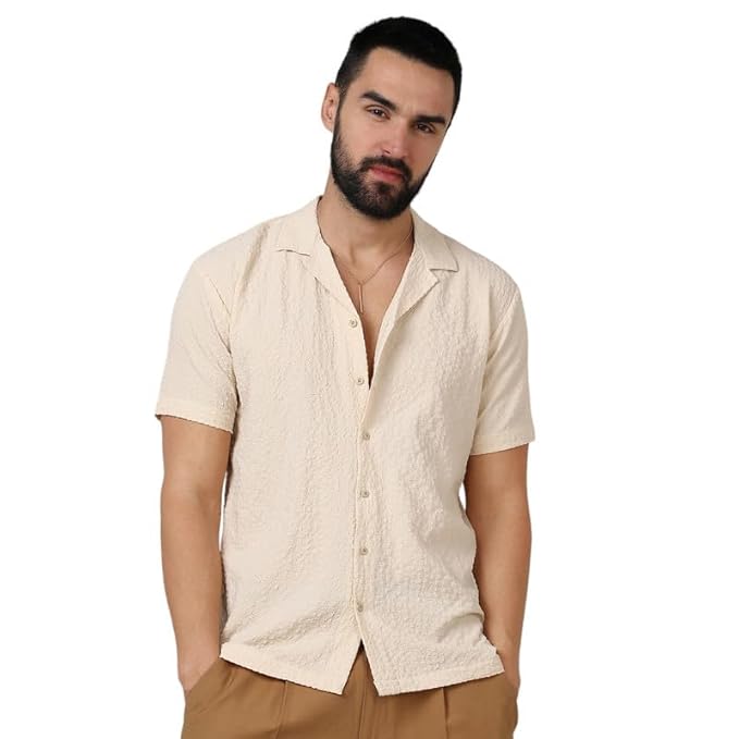 Campus Sutra Men's Polyester Fitted Pistachio Balanced Striped Shirt For Comfort, Casual Wear | Mandarin Collar | Short Sleeve | Button Closure | Shirt Crafted With Comfort Fit For Everyday Wear