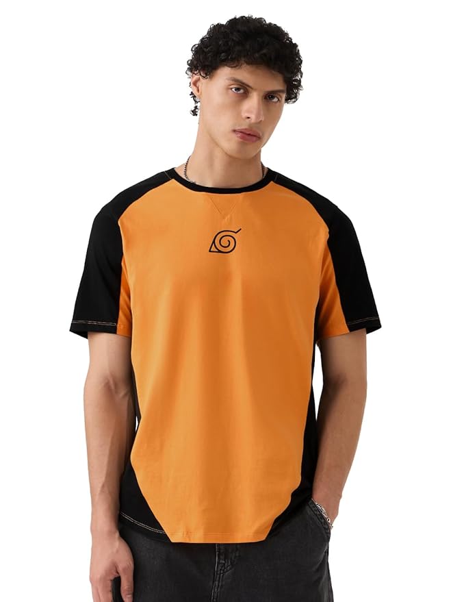 The Souled Store Naruto Shippuden: Kuramas Curse Men and Boys Short Sleeves Round Neck Orange Regular Fit Drop Cut T-Shirt