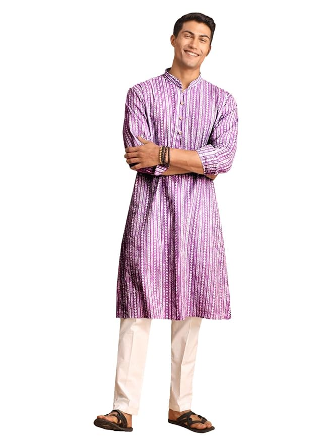 Shvaas By Vastramay Men's Purple And White Cotton Kurta And Pyjama