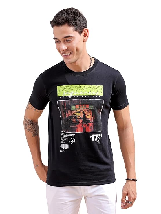 The Indian Garage Co Men Slim Fit Graphic Back Printed Round Neck Tshirt