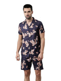 Bushirt Men's Regular Navy Blue Printed Pajama Set, Short Sleeves Button Front Night Suit, Relaxed Fit Co-Ords with Chinese Collar & Elastic Waist Pajamas, Stylish & Comfortable Sleepwear