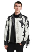 DEAL TO EASY Men’s Tribal Rock Punk Gothic Rivet Silver Studded Motorcycle Asymmetrical Fringe Two Tone Biker Faux Leather Jacket