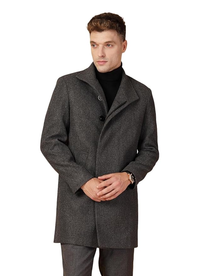 CHKOKKO Men Wool Blend Stylish Long Winter Coat Single Breasted Thigh Length Overcoat With Elegant Spread Collar & Practical Front Side Pockets For Formal Or Semi-Formal Occasions