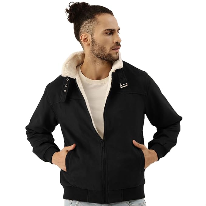 Campus Sutra Men's Front Zipper Jacket With Fleece For Casual Wear | Long Sleeve | High Neck | Zipper Closure | Suede Jacket Crafted With Comfort Fit For Everyday Wear