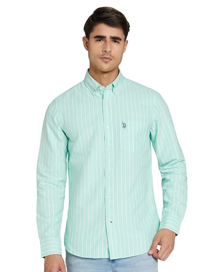 U.S. POLO ASSN. Men's Yarn Dyed Oxford Stripe Spread Collar Full Sleeve Shirts