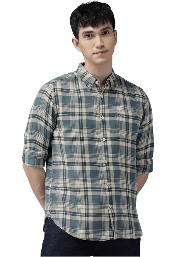 THE BEAR HOUSE Men's Checked Slim Fit Flannel Casual Shirt | Blue & White