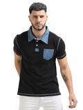 fanideaz Men's Denim Collar Premium Polo T Shirt with Denim Pocket
