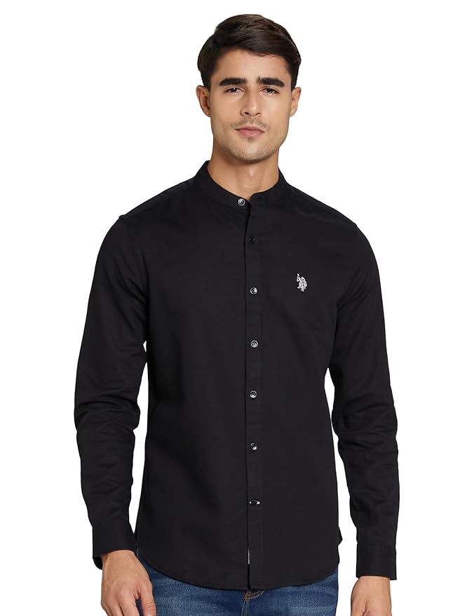 U.S. POLO ASSN. Men's Solid Cotton Linen Mandarin Collar Full Sleeve Shirts