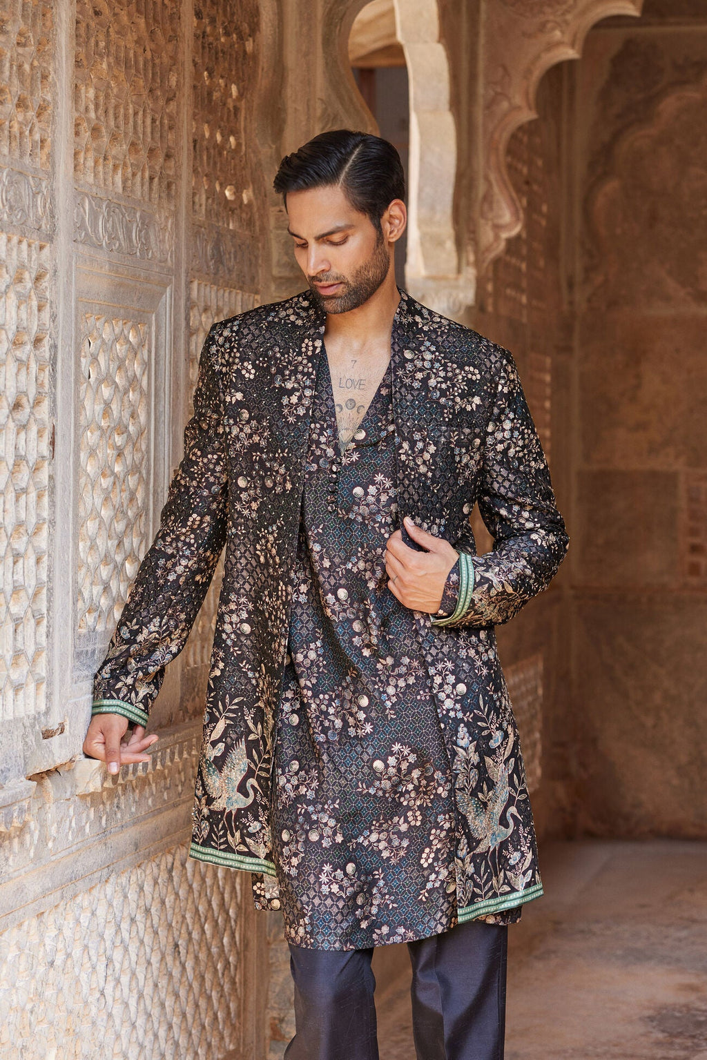 Rukham Printed Silk Sherwani - Black