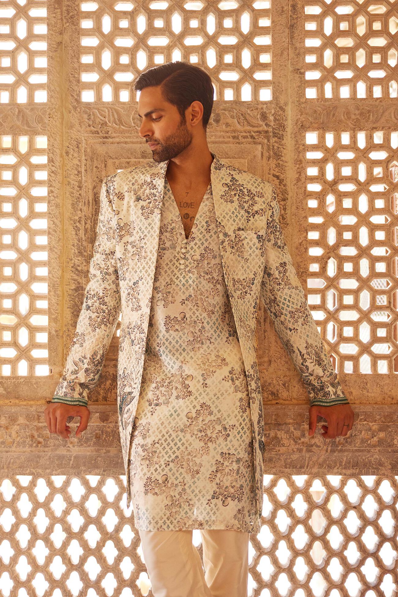 Rukham Printed Silk Sherwani - Ivory