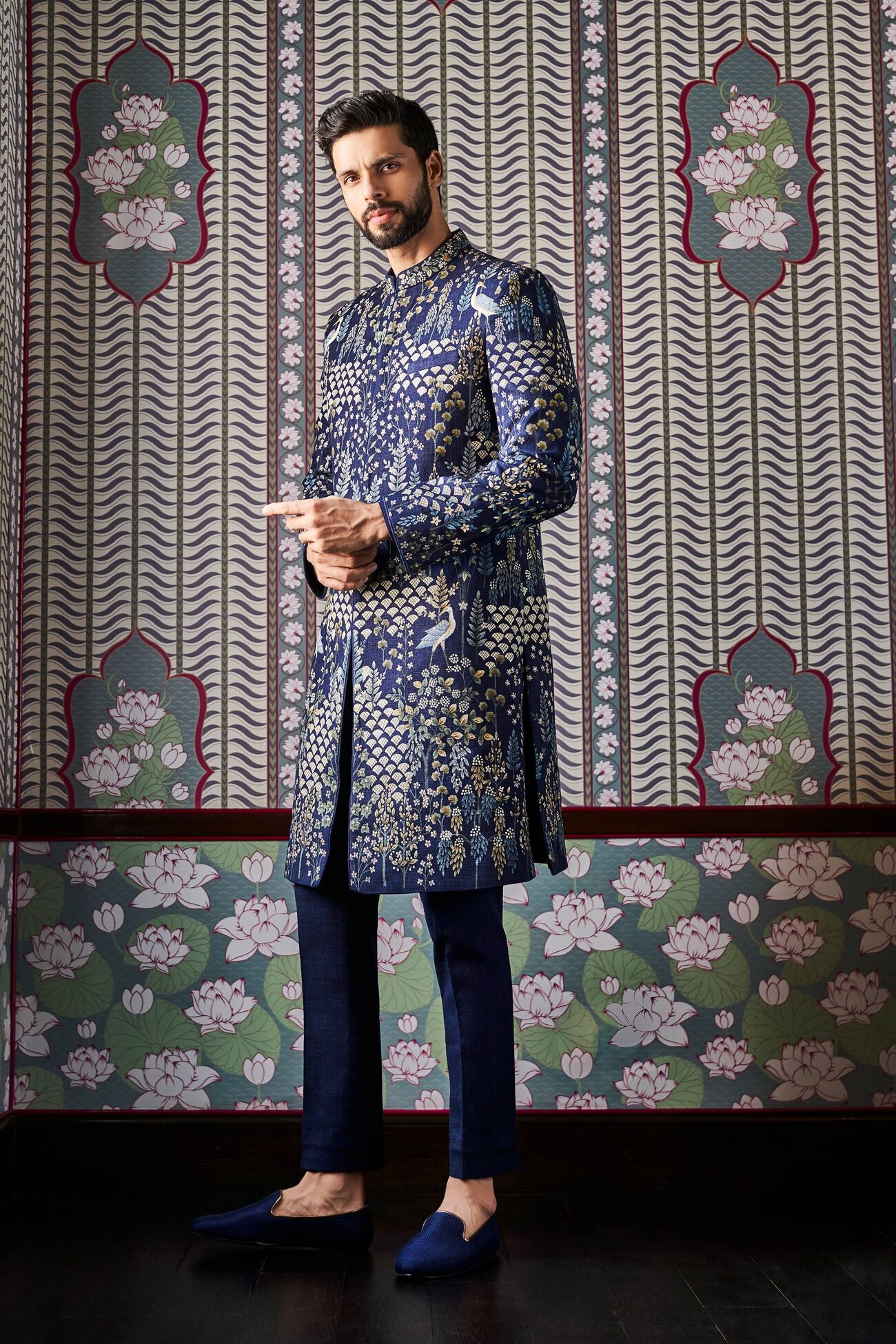 Anita Dongre Fardan Hand-painted Pichhwai Silk Sherwani - Navy