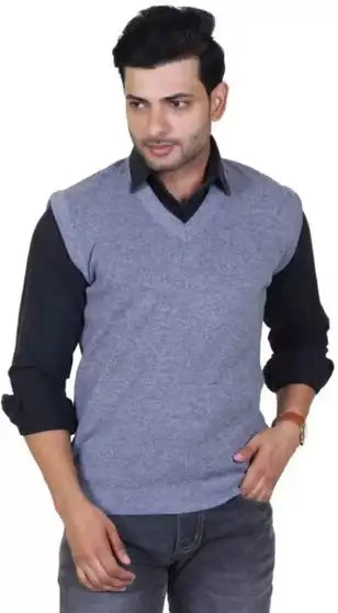 V Neck Men Wool Blend Grey Sweater