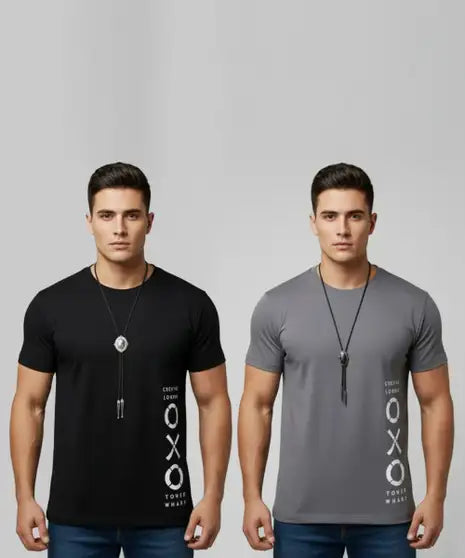 Typography Men Black, Grey T-Shirt (Pack of 2)