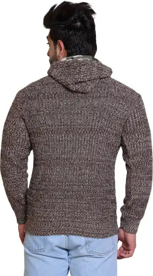 Self Design Hooded Neck Casual Men Reversible Pure Wool Brown Sweater