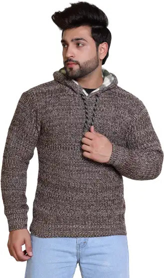 Self Design Hooded Neck Casual Men Reversible Pure Wool Brown Sweater